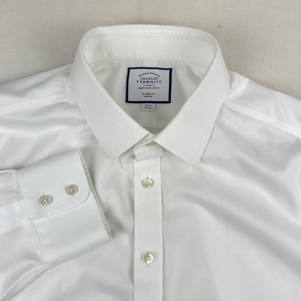 Charles Tyrwhitt Mens 18/36 Classic Fit Non-Iron Dress Shirt White Monogram RAS